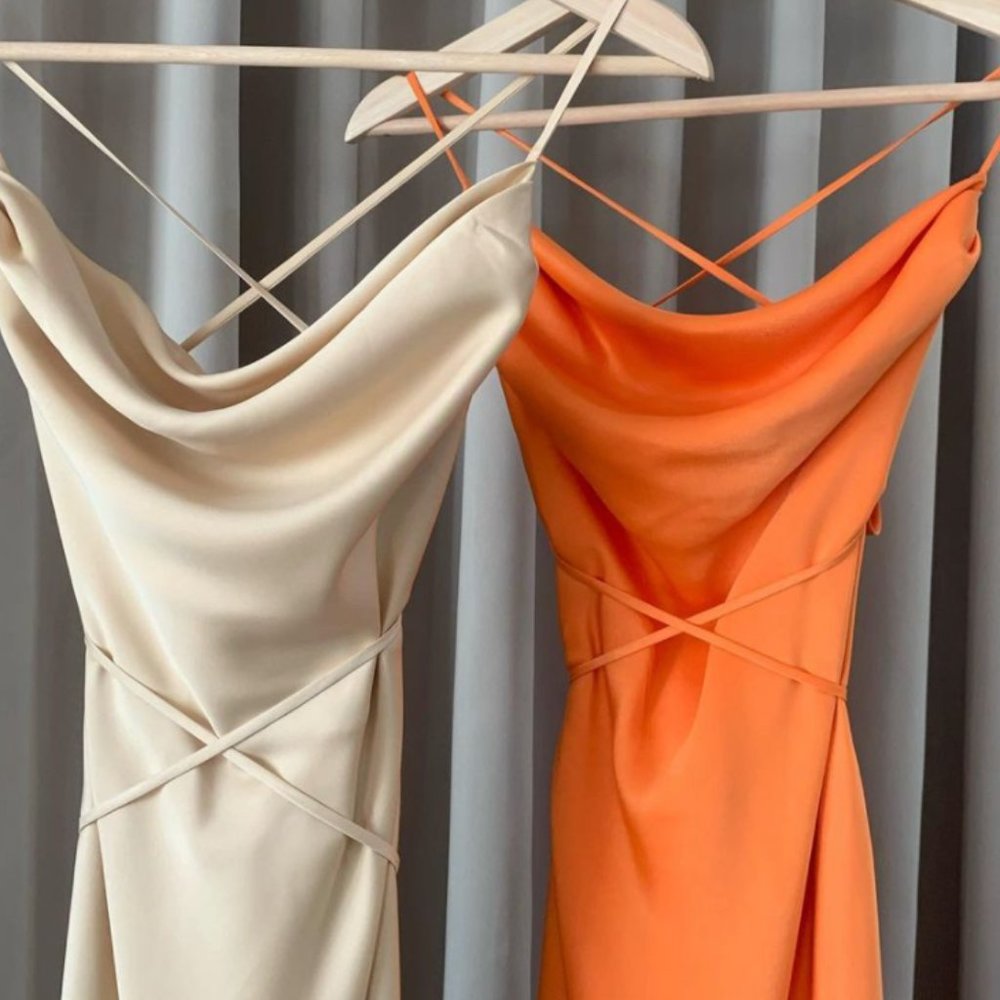Beautiful ORANGE Classic Cowl Cross Slip Dress